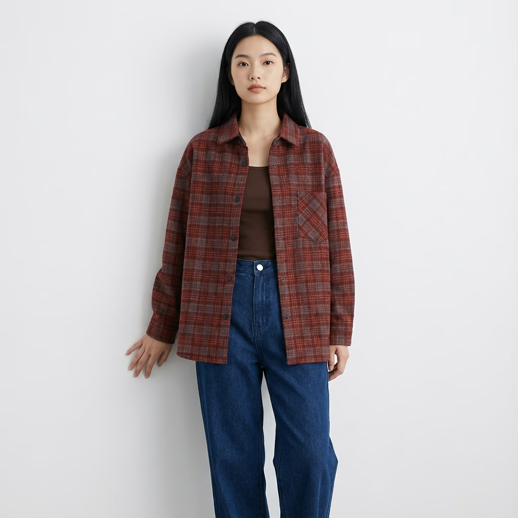 KEFENGE【小敏专属】磨毛加厚格子衬衫男女长袖秋冬装新款保暖加厚511021 咖格色 均码