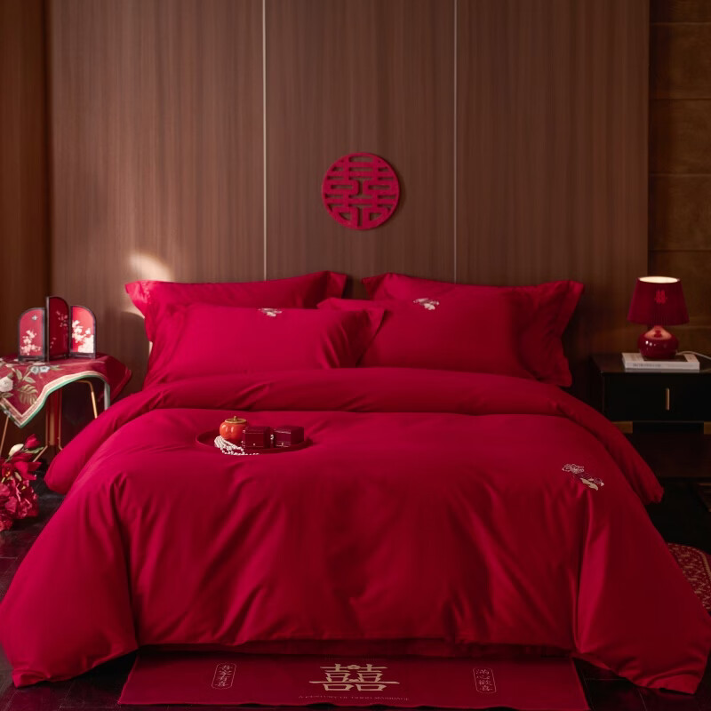 ROLAND LIVE简约风全棉绣花婚庆四件套红色喜庆新婚床上用品被套床单铺床套件 CS全棉红色婚庆四件套-余笙伴喜 2.0米床 |【被套220*240cm】