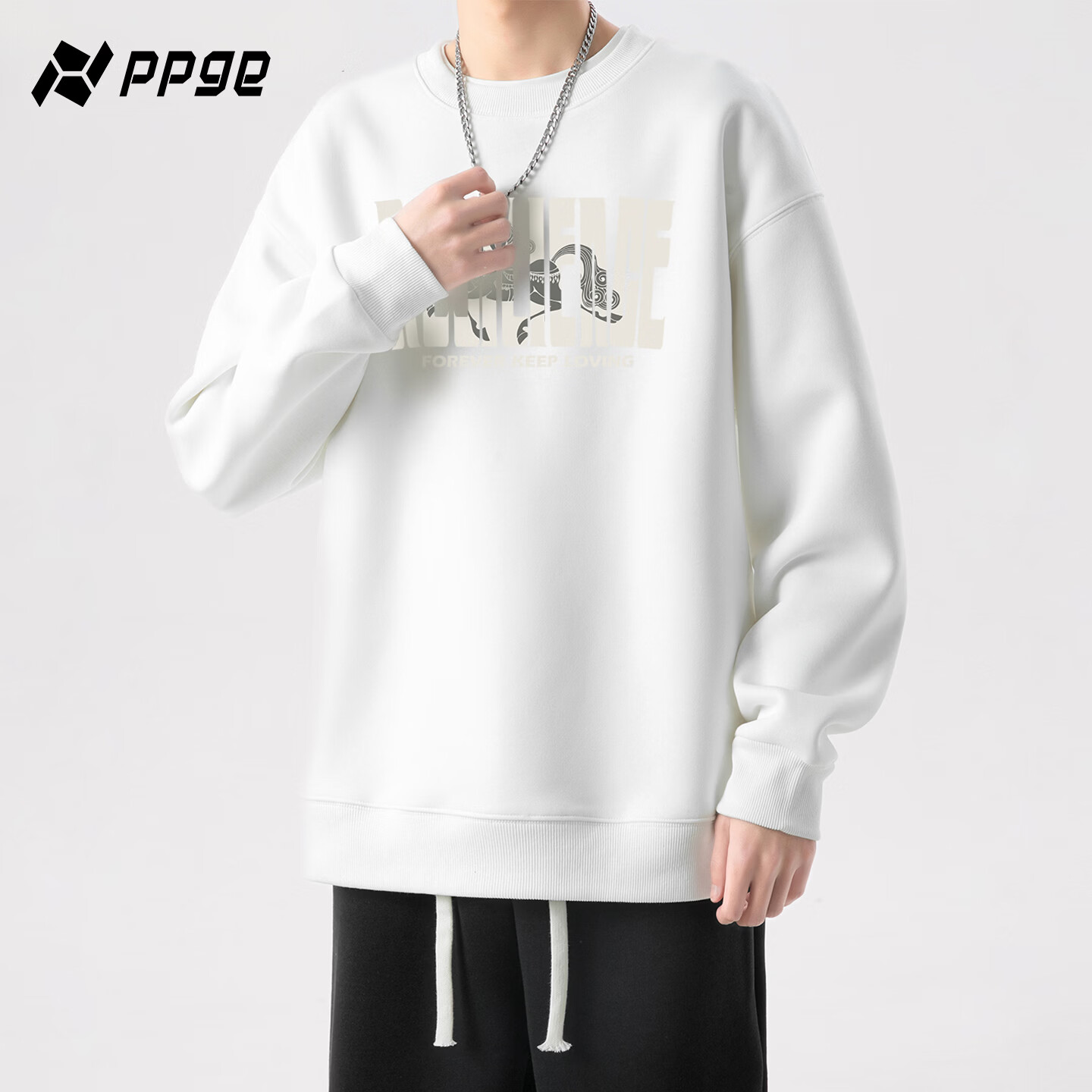 PPGE卫衣秋冬季亲肤舒适挺阔有型运动保暖打底衫男女同款印花圆领卫衣 白色 M