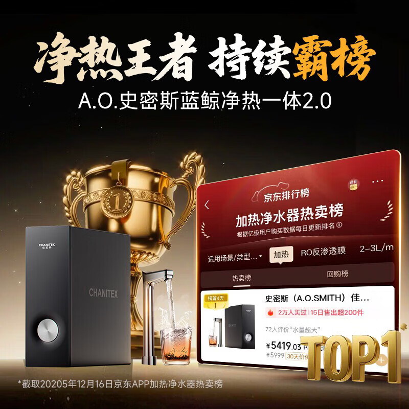 史密斯(A.O.SMITH)佳尼特净水器加热直饮一体机厨房专用台下即热净饮一体机饮水机 蓝鲸净热一体2.0 Ultra CDR2000S2 升级5年长效RO膜 316L不锈钢水路 真沸腾1600G
