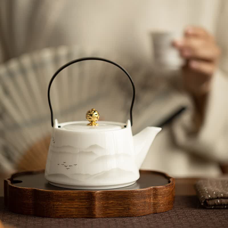 【厂家直销】羊脂玉提梁壶远山白瓷茶壶家用高档功夫茶具陶瓷泡茶 水墨山水—白瓷提梁壶 250ml