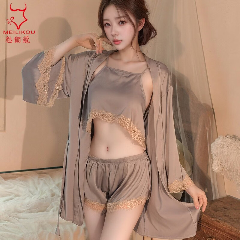 魅俪蔻薄款蕾丝纯欲风性感居家睡衣制服妖娆露背短裤2018 深香芋紫+外套 均码