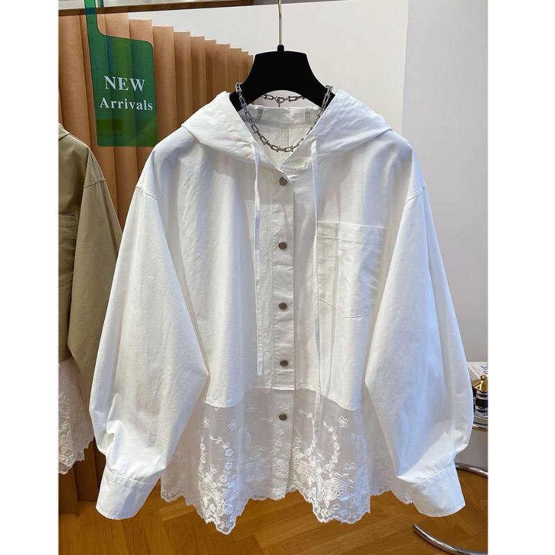 LOOK LOOK蕾丝拼接连帽衬衫女 2025秋季宽松长袖 简约上衣外套 5XL (120)