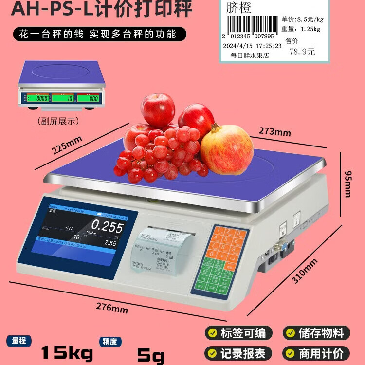 安衡(AnHeng)电子秤带打印标签智能触屏称重打码一体机商用不干胶标签条码秤 【AH-PS-L商用计价】15kg/5g