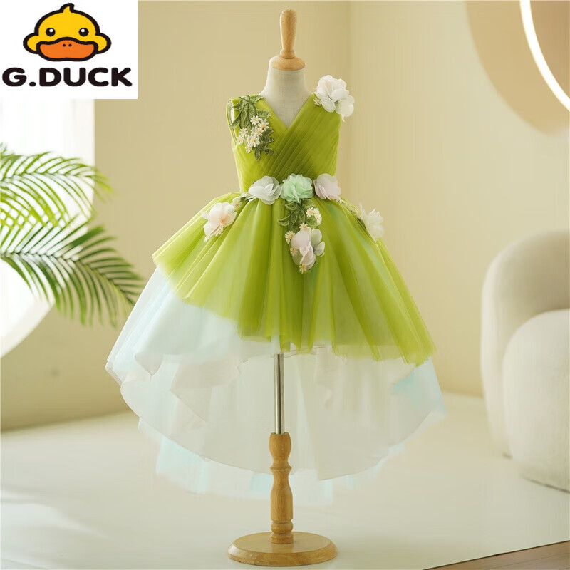 G.duck儿童公主裙走秀森系花仙子女童生日礼服主持人六一小女孩演出服夏 绿色送皇冠 150 cm