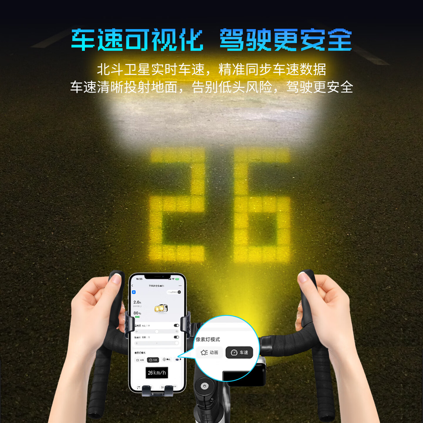 町涂智能像素自行车灯吊装远近光截止线夜骑DIY动画/导航/车速投影灯 双头