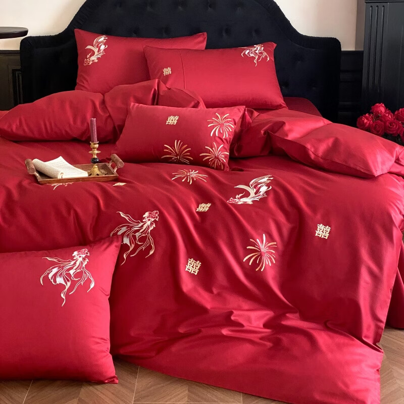 ROLAND LIVE中式全棉婚庆刺绣四件套红色喜庆结婚被套床单铺床新婚床上用品 MX 全棉婚庆四件套-颂时烟火 1.5-1.8米床 |【被套200*230cm】