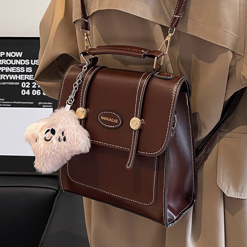 【精选百货】复古质感双肩小包包女2024新款学生双肩背包单肩手提 黑色无挂件