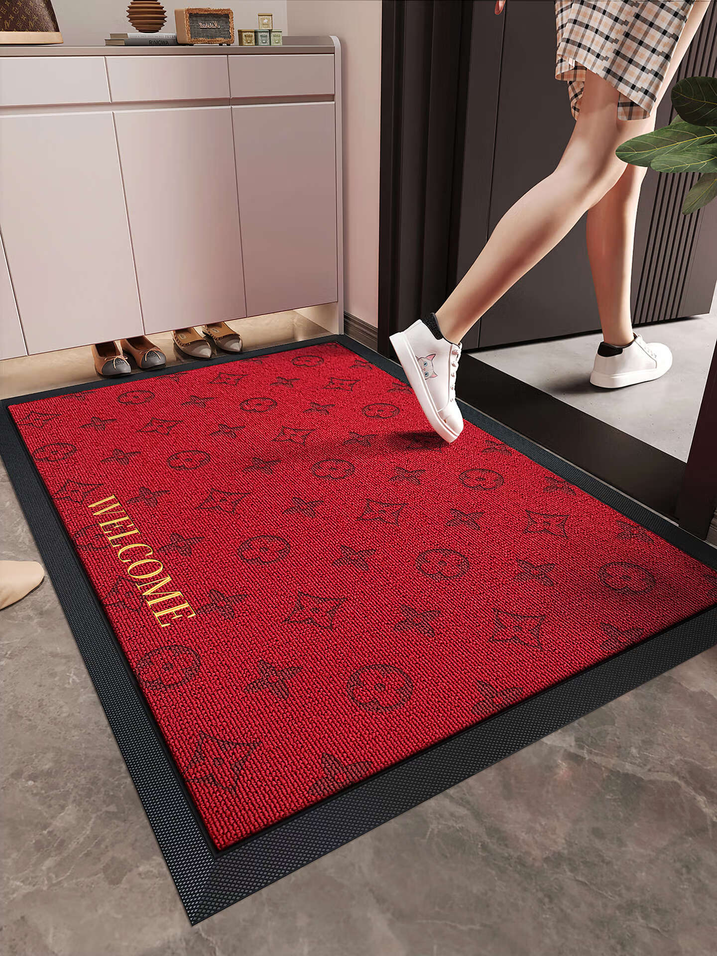 米黛蕾家用门口地垫进门高端大气入户灰色防滑轻奢脚耐脏免洗毯玄关 红色L-无字-激光雕刻入户垫 【定制尺寸请联系客服】