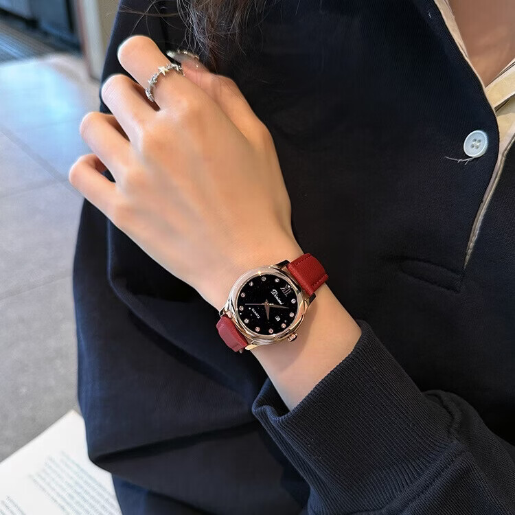 DIMINI女士高端奢华镶钻手表正品时尚机械风星空腕表小众防水石英表礼盒 酒红皮玫面（满钻款）礼盒装