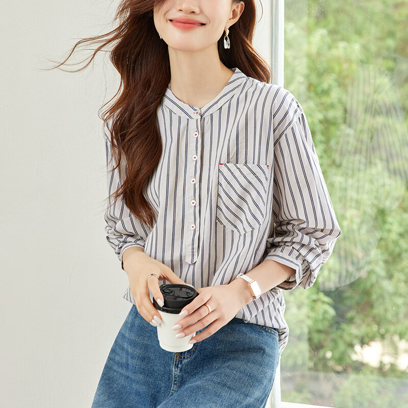 LOOK LOOK韩系慵懒风条纹套头衬衫女 宽松显瘦百搭长袖太绝了 5XL 3XL