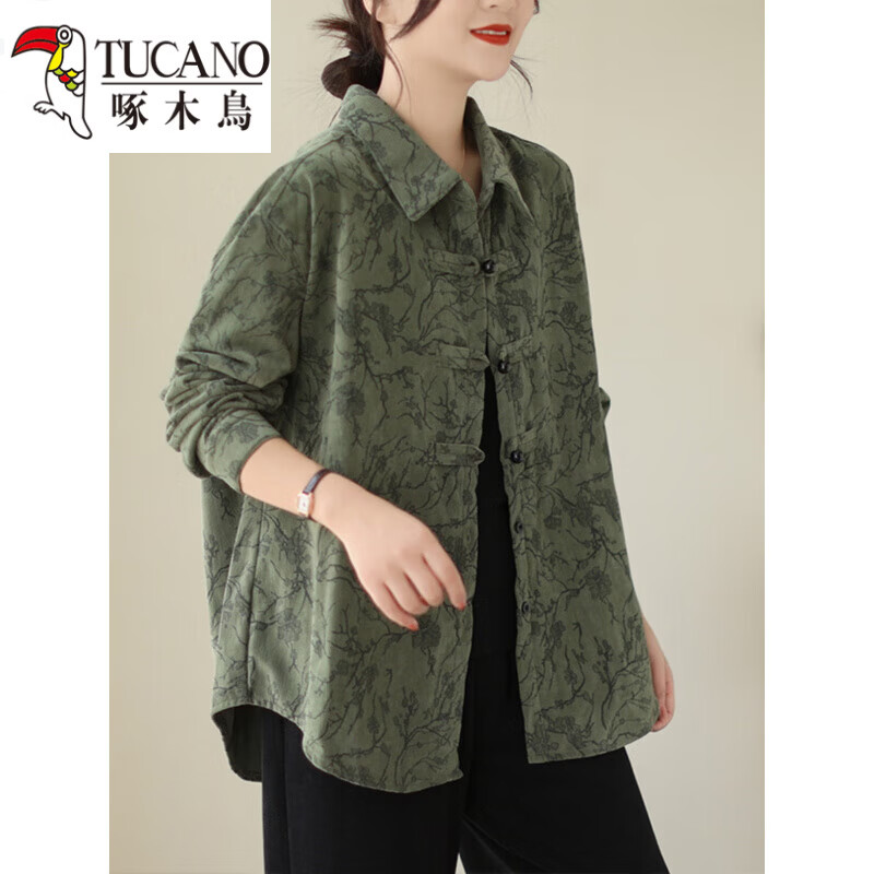 啄木鸟（TUCANO）新中式复古盘扣棉质印花衬衫外套女春秋宽松大尺码长袖开衫妈M妈 绿色 XL 【建议120-140斤】
