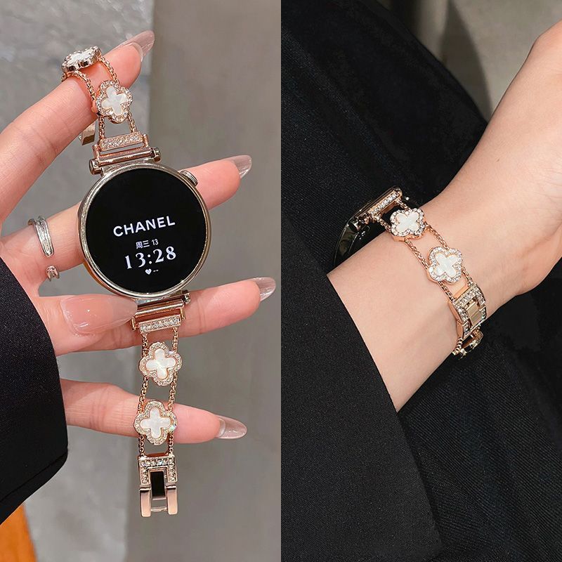 适用华为watch5手表带新款gt6细款四叶草链条感女款表带 四叶草-黑黑【表带】 华为Watch5 46mm