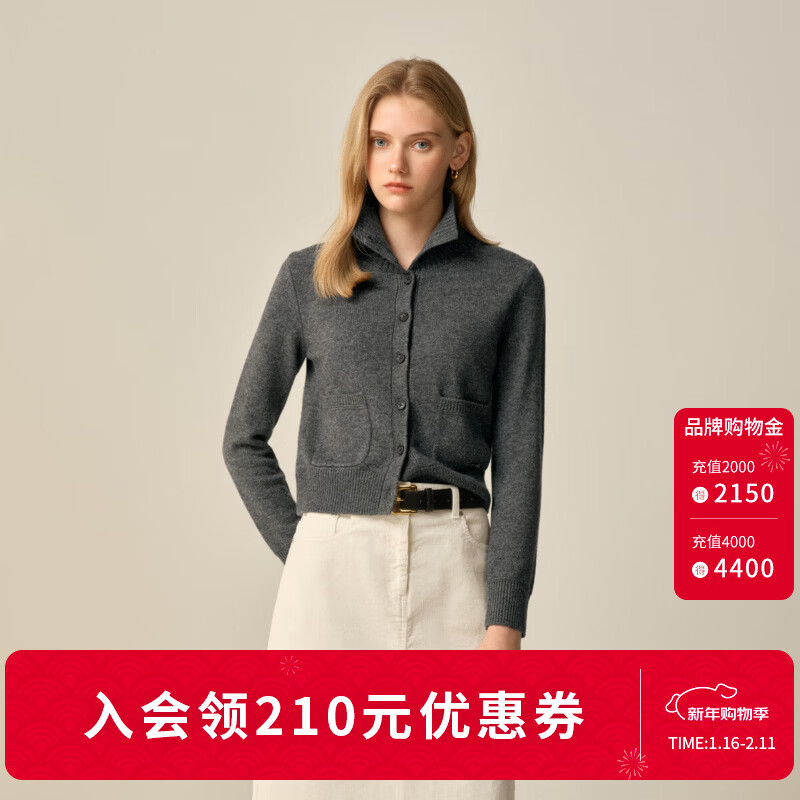 ELAND衣恋毛针织衫女气质高领长袖短款毛衣开衫2025冬季新款 中灰色(18)M/Grey M /165