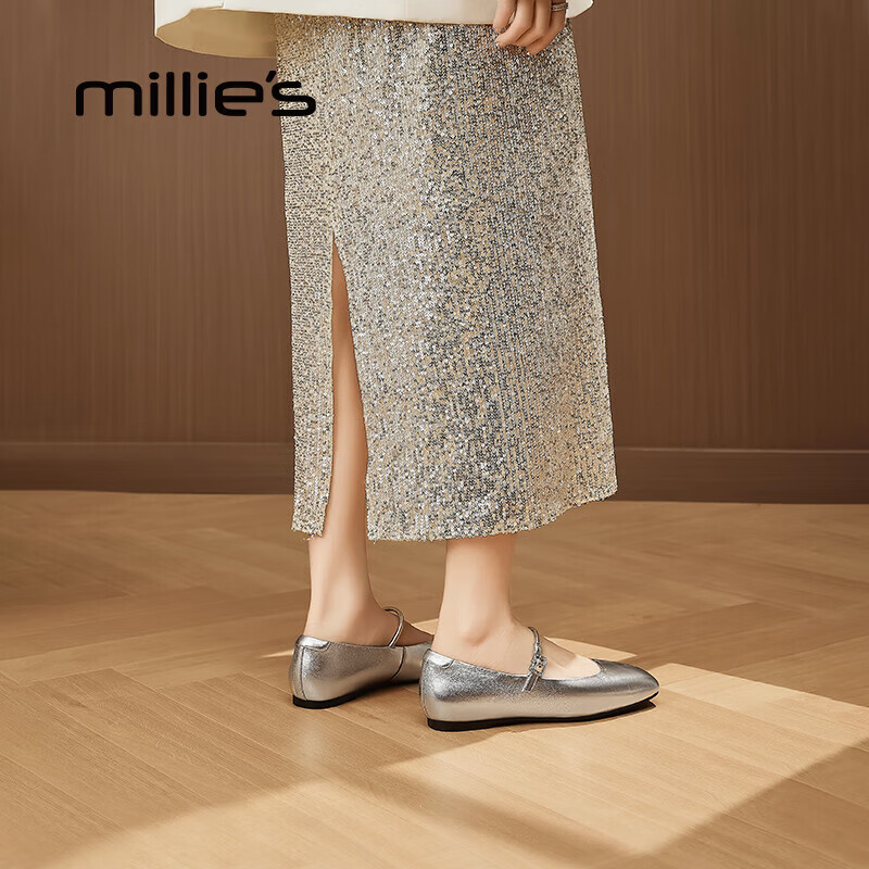 妙丽（Millies）玛丽珍鞋女低跟方头平底小皮鞋2026春季新款百搭潮流浅口休闲单鞋 银色 37 (235mm) 标准码