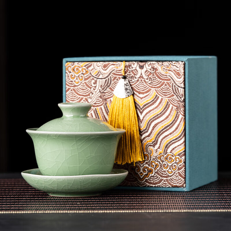 韵化【精选直发】汝窑三才盖碗开片铁线单个高档可养家用泡茶茶碗礼盒 哥窑绿-三才盖碗