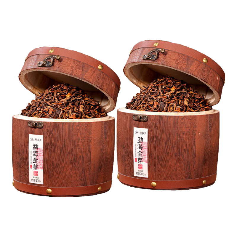 新益號普洱茶熟茶散茶 十年以上云南古樹茶 勐海金芽口糧茶葉自己喝送禮 【超值十年勐海金芽】300克*2桶