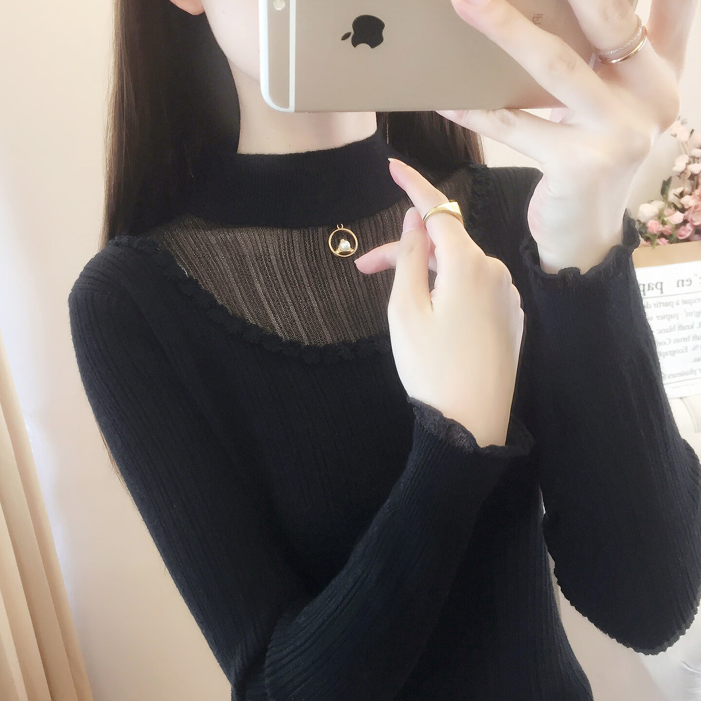 香影纯半高领打底衫蕾丝毛衣女套头2025秋冬新款显瘦内搭针织衫外穿上衣 圆领蕾丝白色 L (建议105-115斤)