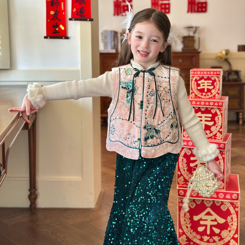 栀了成长记童装女童新中式夹棉唐装上衣2025冬季国风丝绒刺绣马甲 粉色 马甲 100