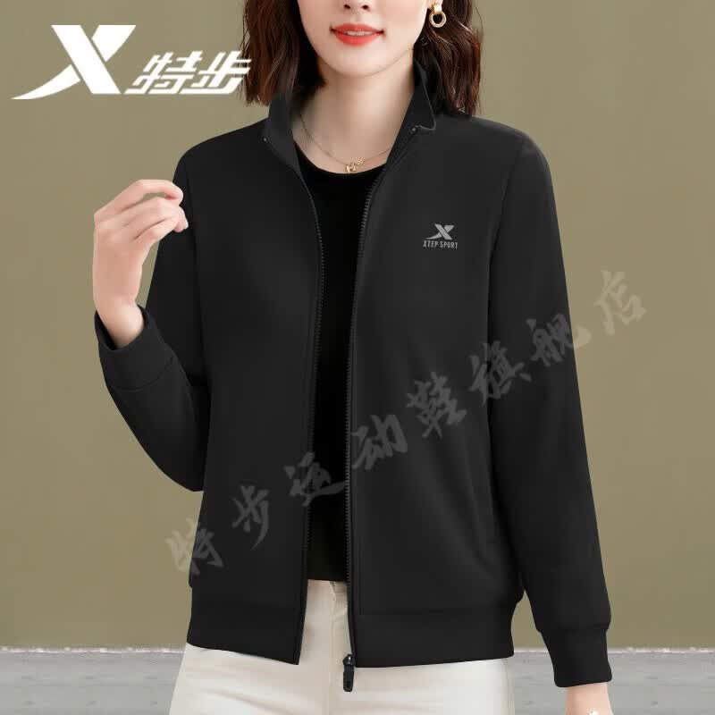 特步（XTEP）卫衣运动外套女装大码开衫秋冬季新款宽松休闲棒球服立领女士夹克 【常规款】正黑色 L /175(男女同款/女生拍小一码)