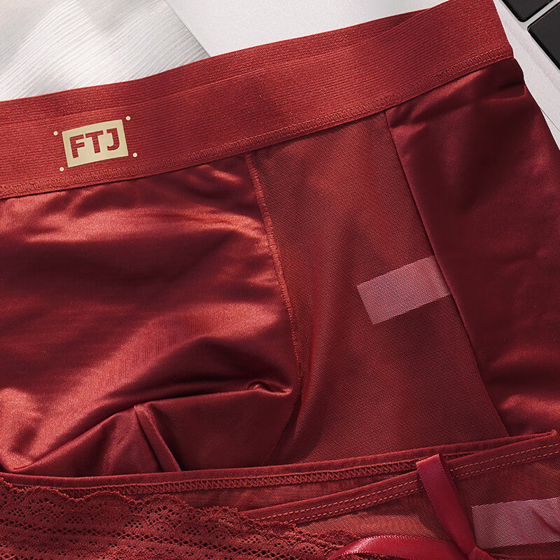 羅亨士情侣内裤红色一男一女生冰丝蕾丝性感双人诱惑情趣夫妻房事底裤衩 侧大蝴蝶结 2条 2XL 男+女L码