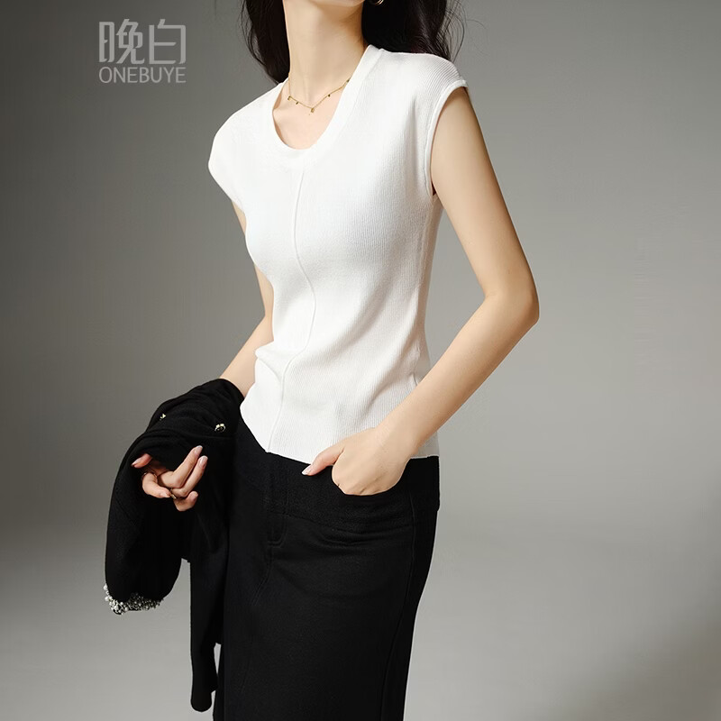 晚白【新品】2026年春款时尚圆领上衣亲肤柔软弹力修身针织衫女 米白色 L