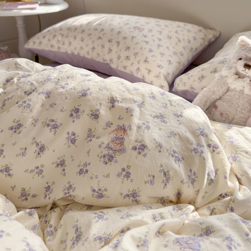 一默四件套2026款A类古法水洗仿棉云感纱被套床单床笠枕套家用四件套 花集小兔 2.0m 床单款 （被套200*230cm） 四件套