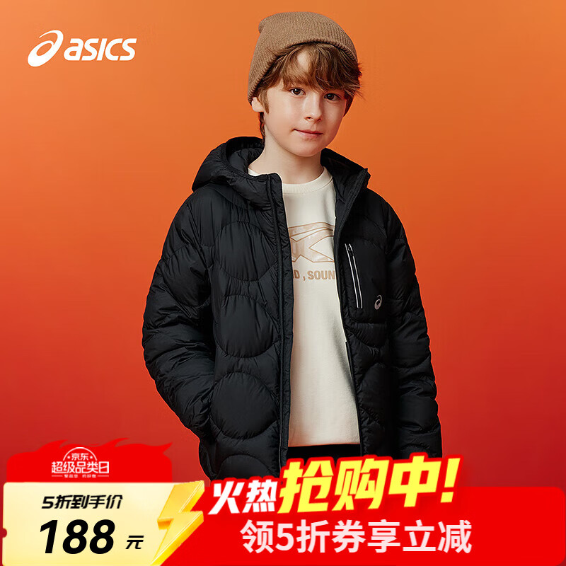 亚瑟士（asics）童装25年冬季中大童短款三防羽绒服外套宽松轻量保暖 黑色 85%绒子 170 充绒103.6g