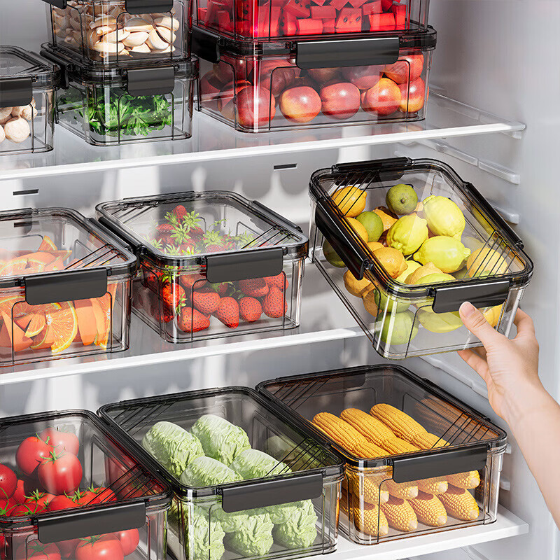 洋臣保鲜盒冰箱专用收纳盒冷冻食物冷藏密封长方形大容量整理盒 颜色随机2个装【约1100ML】