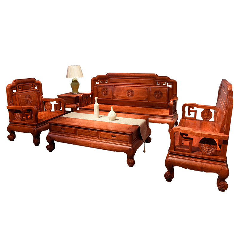 一舍 红木家具缅甸花梨(学名:大果紫檀)实木沙发组合明清仿古客厅整装家具别墅大户型沙发国色天香 沙发六件套(1+1+3+茶几+2边几)