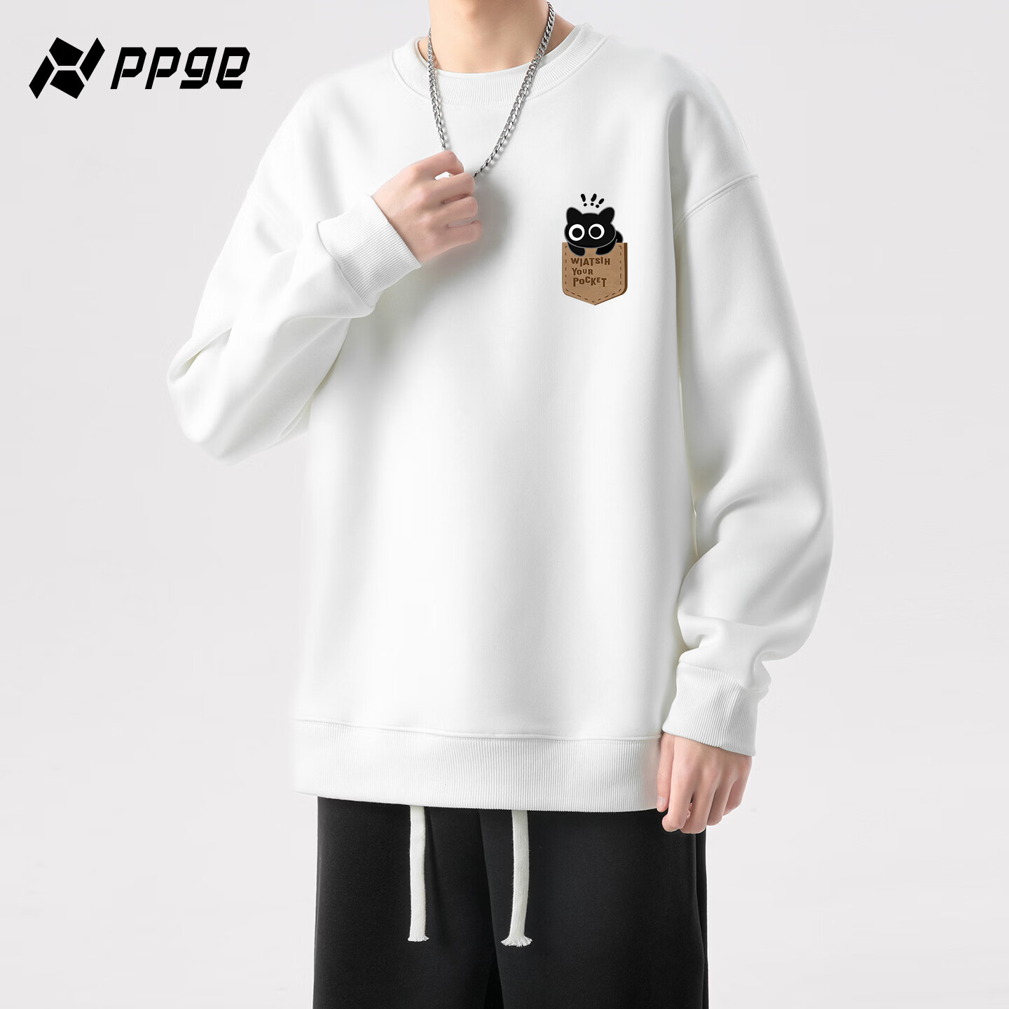 PPGE卫衣秋冬季亲肤面料挺阔有型运动保暖打底衫男女同款休闲圆领卫衣 白色 M