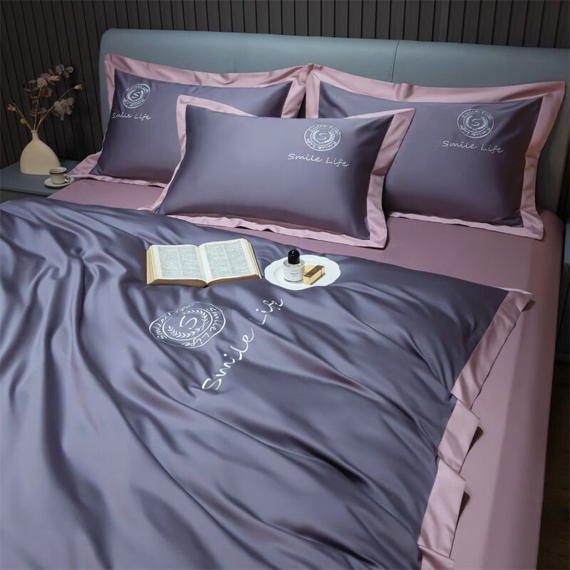 水星系列家纺A类长绒棉纯棉四件套100%全棉轻奢高级感裸睡床单被套床上用品笠 月光紫+豆沙红 240支 A类长绒棉 1.8M 床单款 （被套200*230cm）