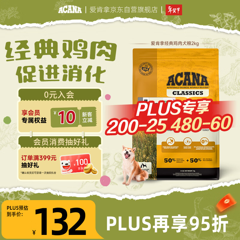 愛肯拿（ACANA）狗粮 全价通用 成犬幼犬 经典鸡草原鸡肉天然犬粮2kg 效期26/3