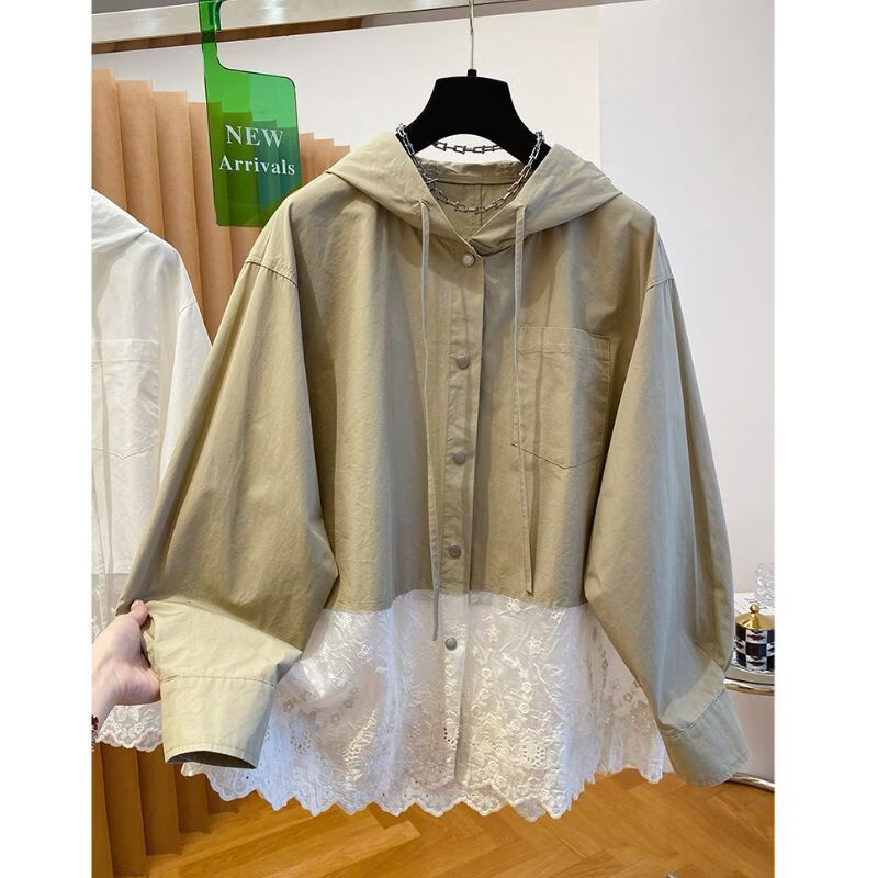 LOOK LOOK蕾丝拼接连帽衬衫女 2025秋季宽松长袖 简约上衣外套 5XL (120)