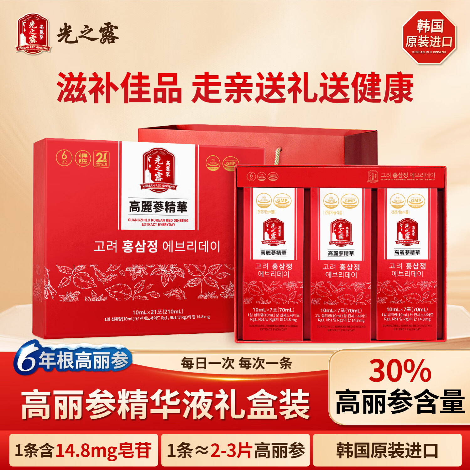 광지로光之露红参饮6年根高丽参 过年送礼滋补品年货礼盒【韩国进口】 高丽参红参饮 210ml*2盒