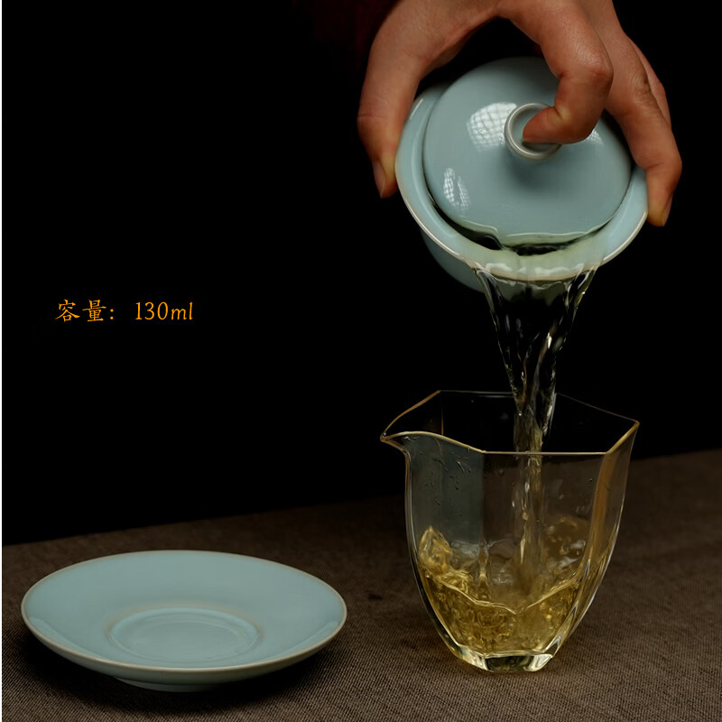 汝誉天下汝窑茶具盖碗三才碗汝州汝瓷纯手工天青冰裂开片陶瓷元宝马蹄盖碗 云风盖碗套装