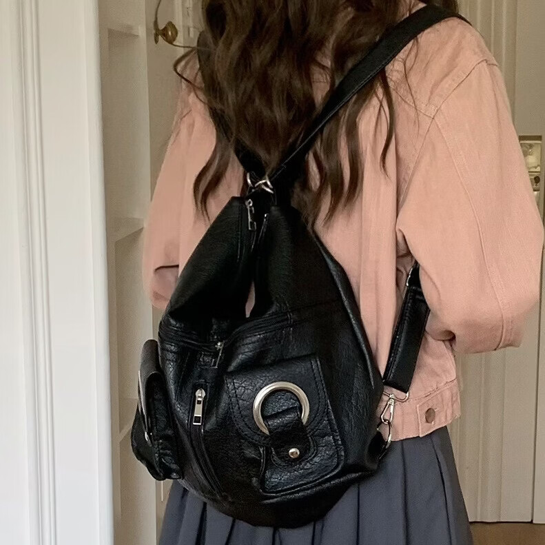 韩版简约个性百搭时髦拉链口袋PU皮托特包单肩包通勤大容量双肩包 黑色
