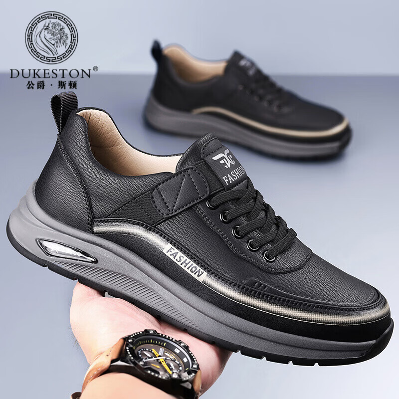 公爵斯顿 DUKESTON轻奢男鞋复古厚底休闲鞋新款防滑运动百搭时尚户外徒步耐磨潮流 黑色 41 标准皮鞋尺码