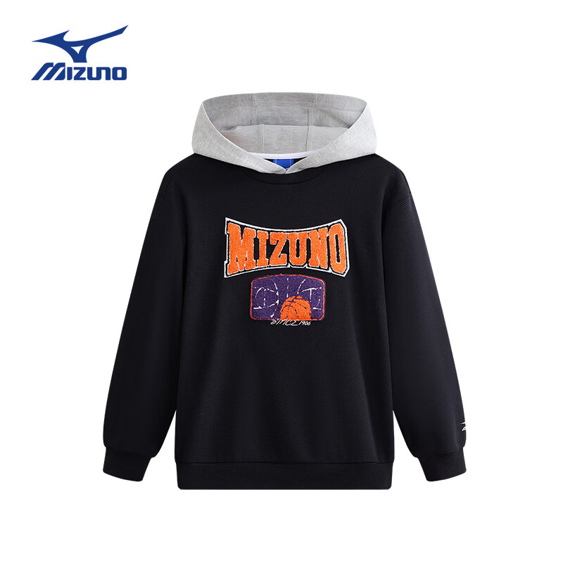 美津浓(MIZUNO)儿童卫衣连帽套头假两件时尚春秋百搭简约男女中大童 黑色 140 cm (建议身高135-145cm)