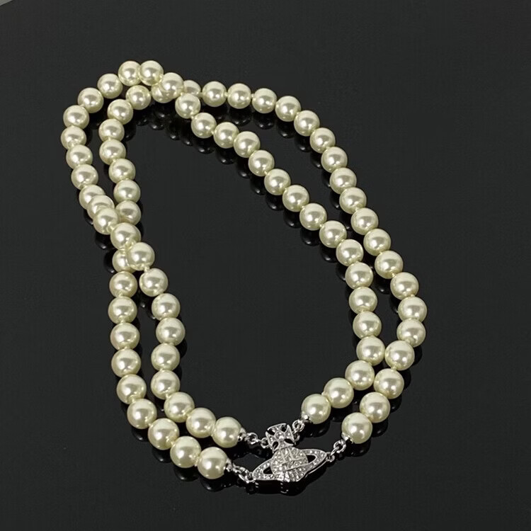 薇薇安西太后新年礼物Vivienne经典土星女珍珠项链轻奢高级感吊坠锁骨链送女友 银色双层土星项链