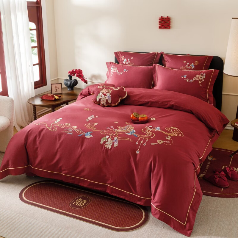 ROLAND LIVE春夏长绒棉绣花婚庆四件套红色新婚被套床单喜庆全棉床上用品 SY 长绒棉婚庆套件-百子贺喜 标准四件套 |【被套200*230cm】