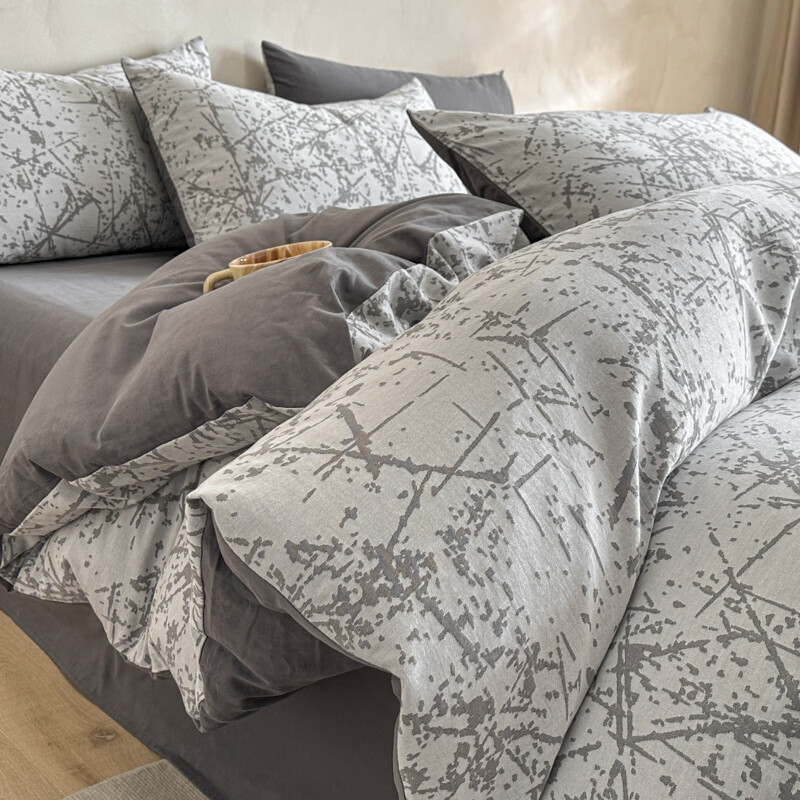 ROLAND LIVE全棉三层纱色织提花磨毛四件套A版提花B版磨毛被套床单三件套 PS 全棉提花磨毛套件-烟花灰 1.2米床 床单款 【被套160*210cm】
