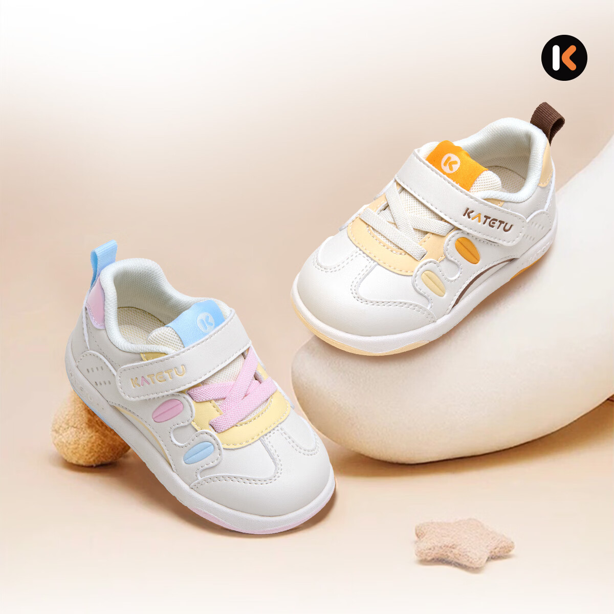 卡特兔婴儿学步鞋2026春新童鞋1-2岁小童稳步机能鞋室内防滑宝宝步前鞋 白黄棕 22 内长约14.0cm脚长约13.1-13.7