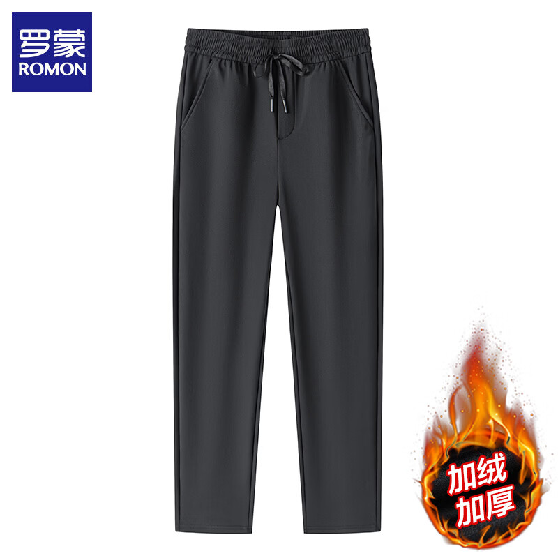 罗蒙（ROMON）加绒休闲裤男2025秋冬季新款休闲松紧腰保暖男士宽松直筒长裤子 黑色 XL (建议体重125-145斤)