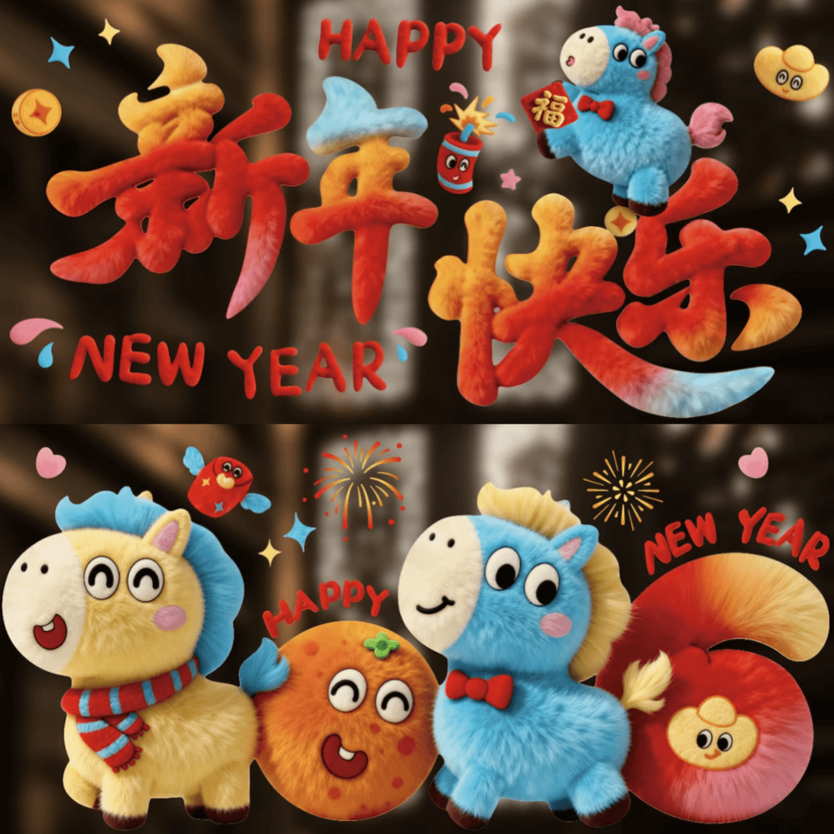 马年裸眼5D毛绒视觉质感可爱小马静电贴装饰橱窗玻璃装饰过年窗花 【2026】+【新年快乐】共2张