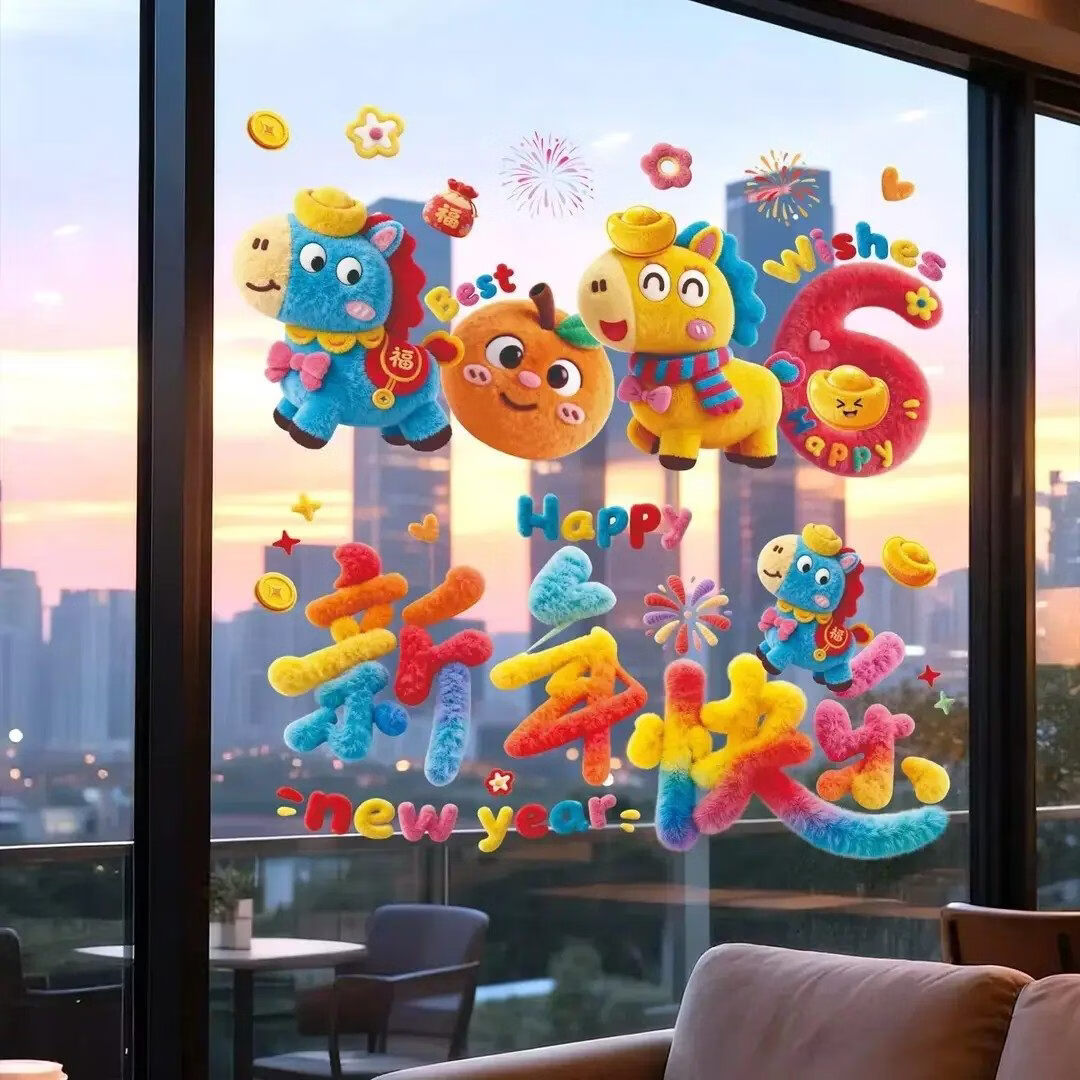 朋意马年裸眼5D毛绒视觉质感可爱小马静电贴装饰橱窗玻璃装饰过年窗花 【快乐小马】整张尺寸40*80【1张装】