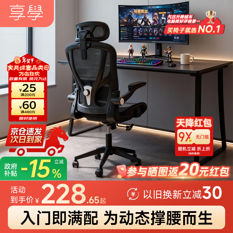 享学电脑椅人体工学椅电竞椅家用办公椅仿生大双背旋转腰托XC504黑色