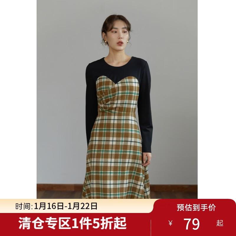 独束大码女装【小森林格纹系列】拼接连衣裙女秋冬新款胖mm显瘦丝绒裙 黑拼格纹长款 XL