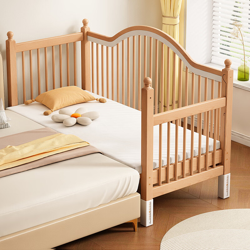 贝幸福 BAYLUCK榉木拼接床婴儿床实木儿童床加宽小孩床边床加高护栏可升降儿童床 单床(三面护栏)+10cm可拆洗空气纤维垫+纯棉床围 200*100CM【侧面升降+尾部带门 全榉木】