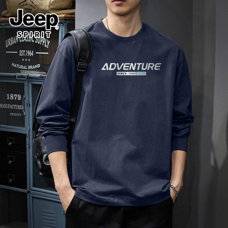 JEEP SPIRIT吉普重磅美式长袖男秋季纯棉透气户外休闲上衣百搭高街韩系t恤男
